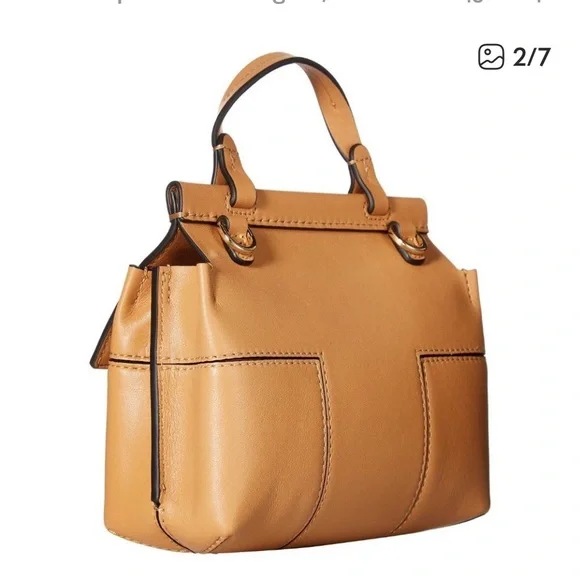 Tory Burch Block  T Mini Satchel Bag Light Tan Leather Handbag Top Handle 2 Ways - Picture 10 of 17